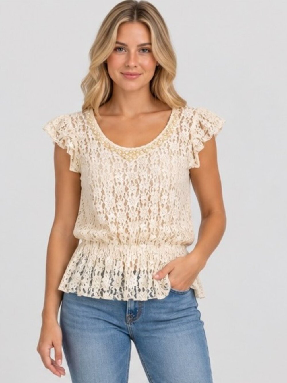 Vitrin Women's XL Ivory Lace Top Pearl Embellished Ruffle Sleeve Peplum Coquette